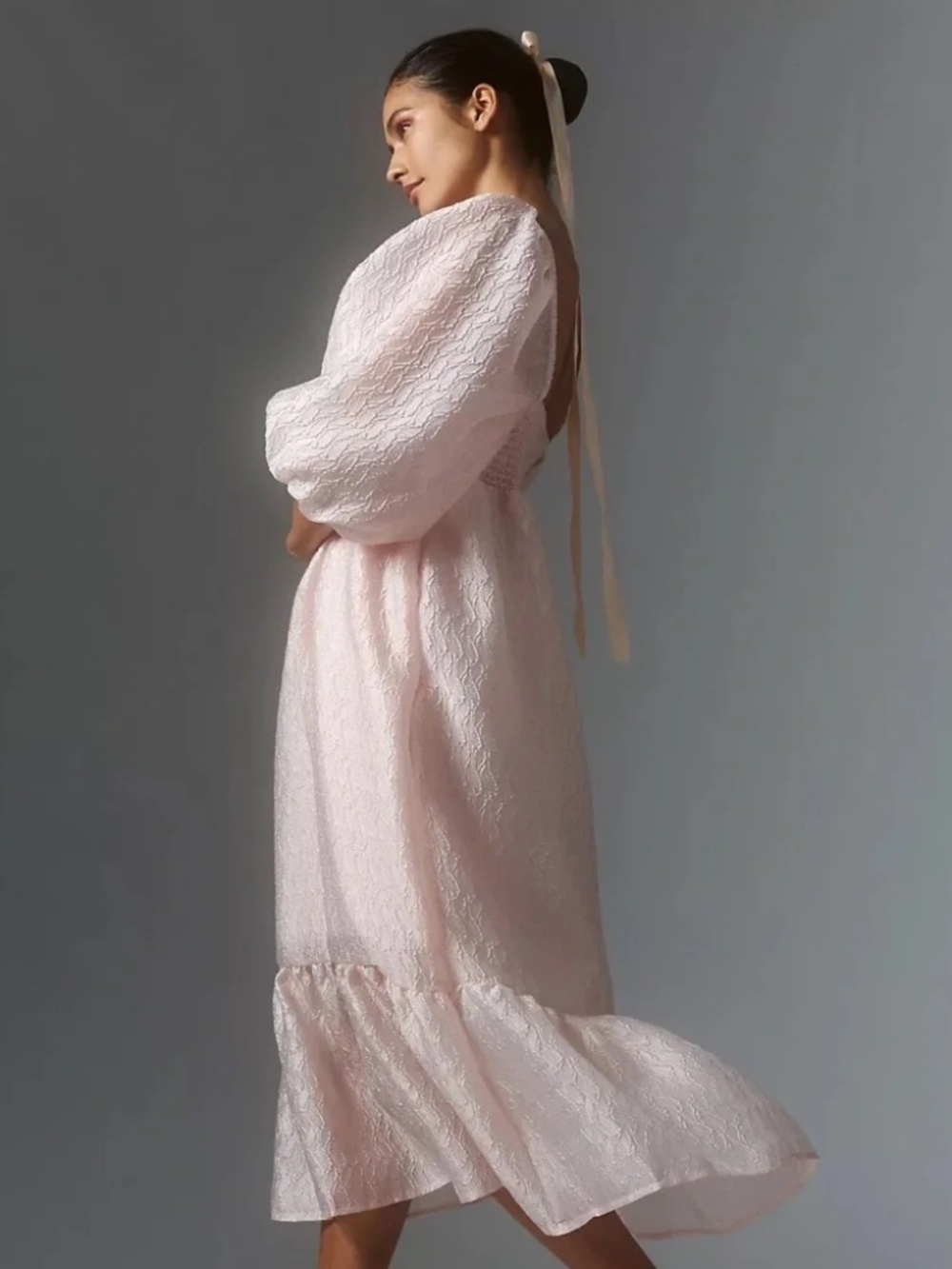 NWT Anthropologie Blush Pink Textured Puff-Sleeve Midi Dress Size S - Picture 4 of 10
